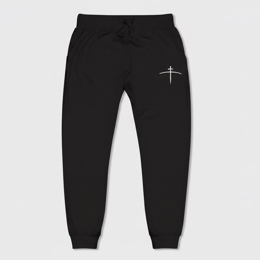 Embroidered Cross on the horizon Sweatpants — Minimalist Faith Fleece Joggers - Broken to Risen