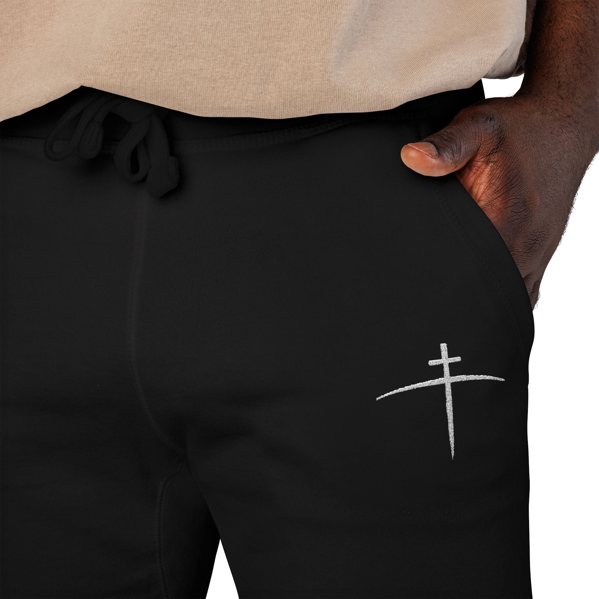 Embroidered Cross on the horizon Sweatpants — Minimalist Faith Fleece Joggers - Broken to Risen