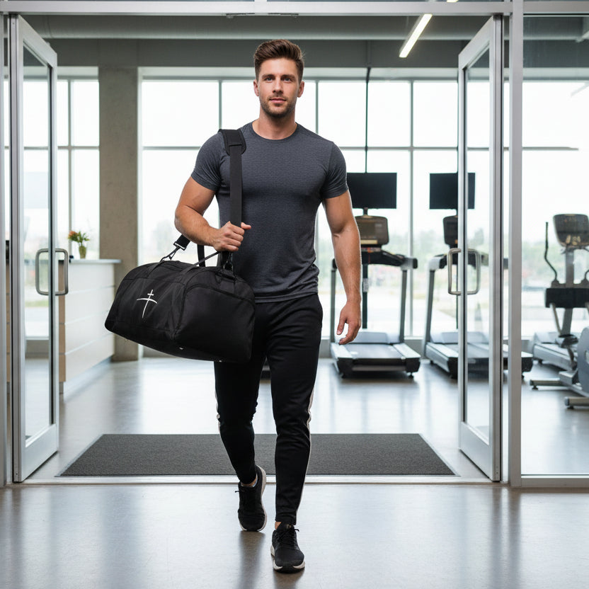 Cross on the Horizon Gym Bag | Minimalist Athletic Duffel with Subtle Cross Logo - Broken to Risen