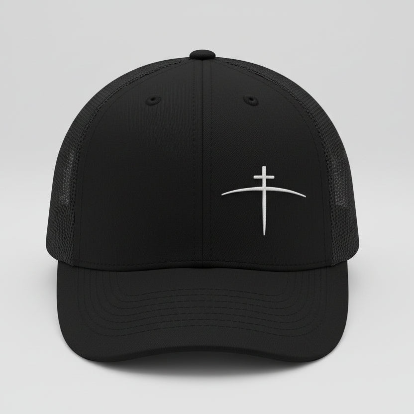 Cross on the Horizon Trucker Hat | Black/Black | Mesh Back - Broken to Risen