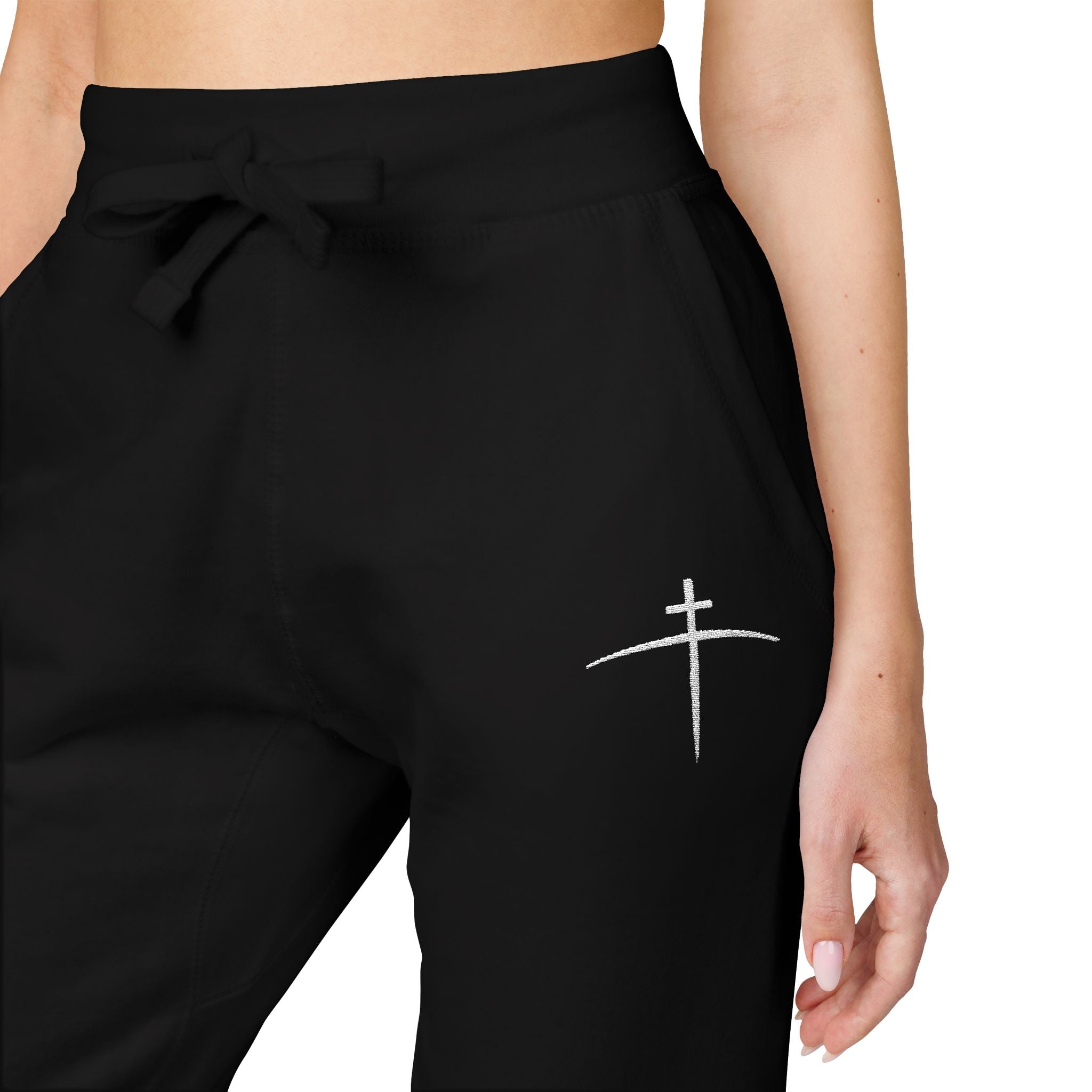 Embroidered Cross on the horizon Sweatpants — Minimalist Faith Fleece Joggers - Broken to Risen