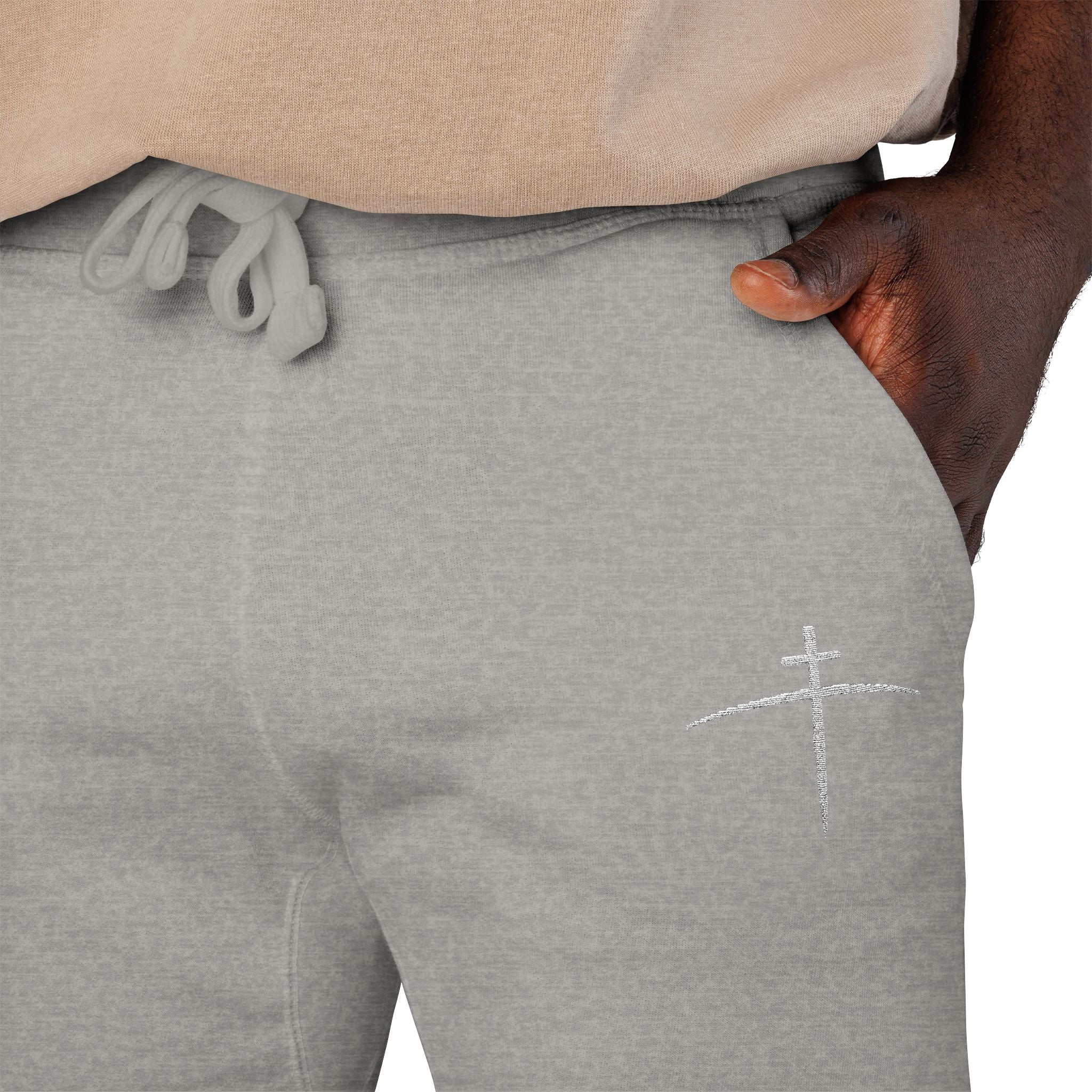 Embroidered Cross on the horizon Sweatpants — Minimalist Faith Fleece Joggers - Broken to Risen