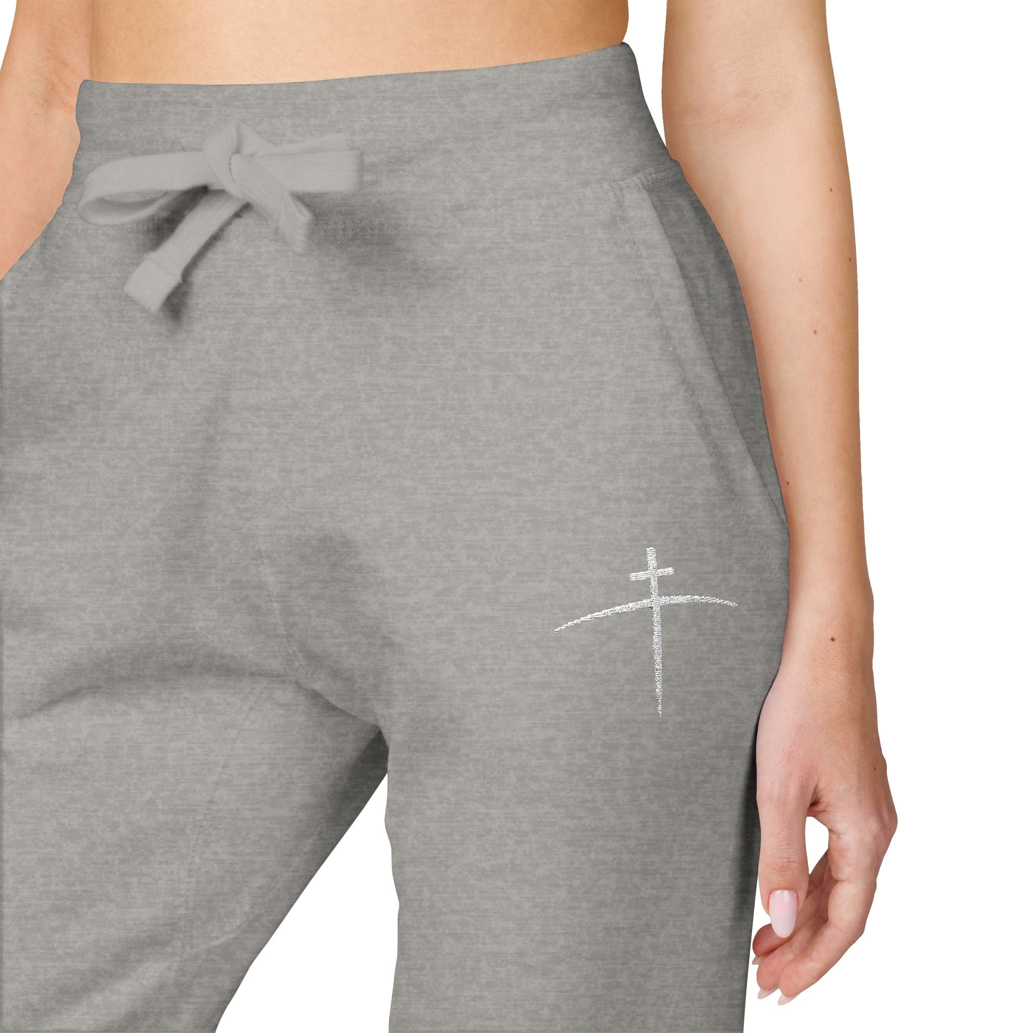 Embroidered Cross on the horizon Sweatpants — Minimalist Faith Fleece Joggers - Broken to Risen