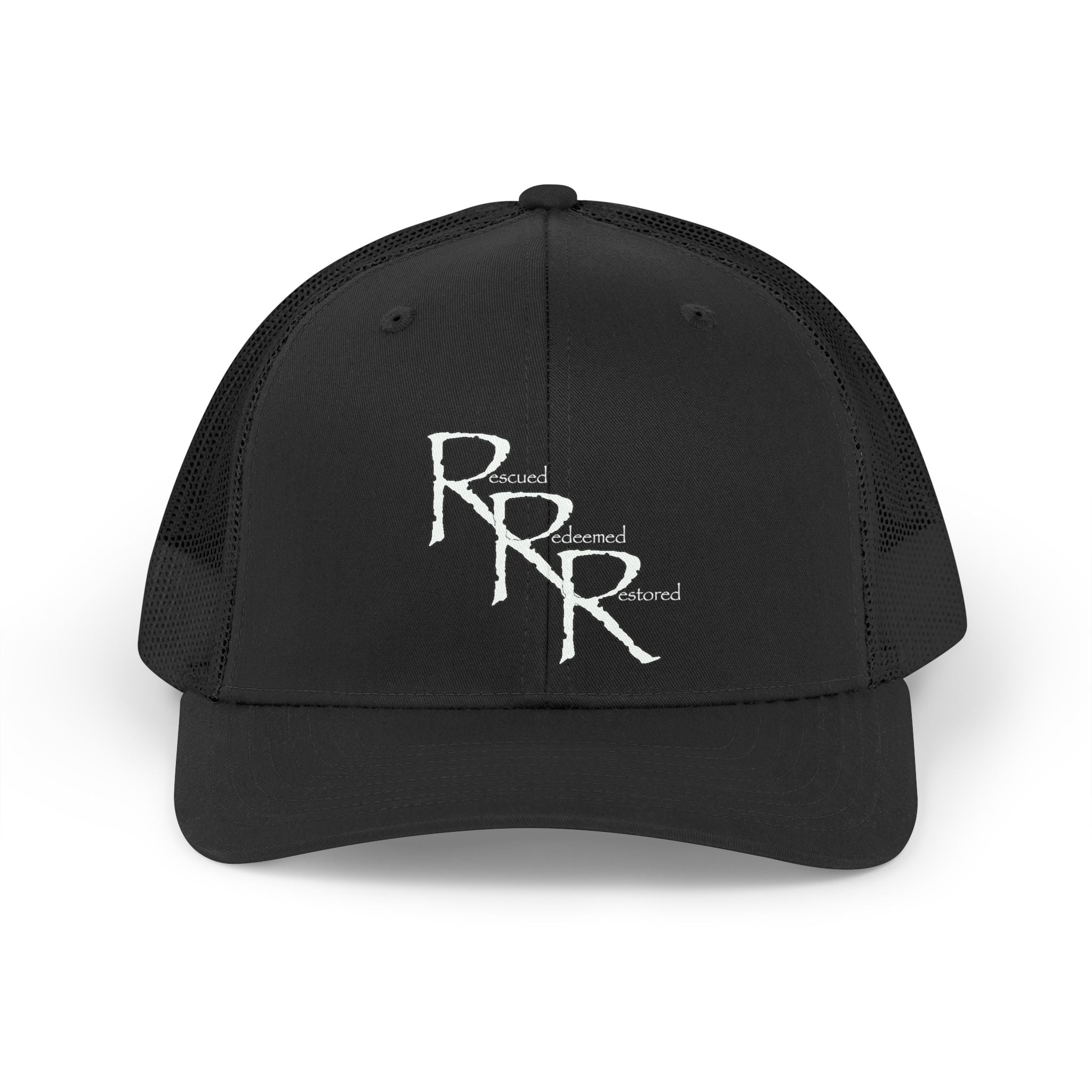 Retro RRR Embroidered Trucker Hat — Vintage Distressed Logo Cap (Black) - Broken to Risen