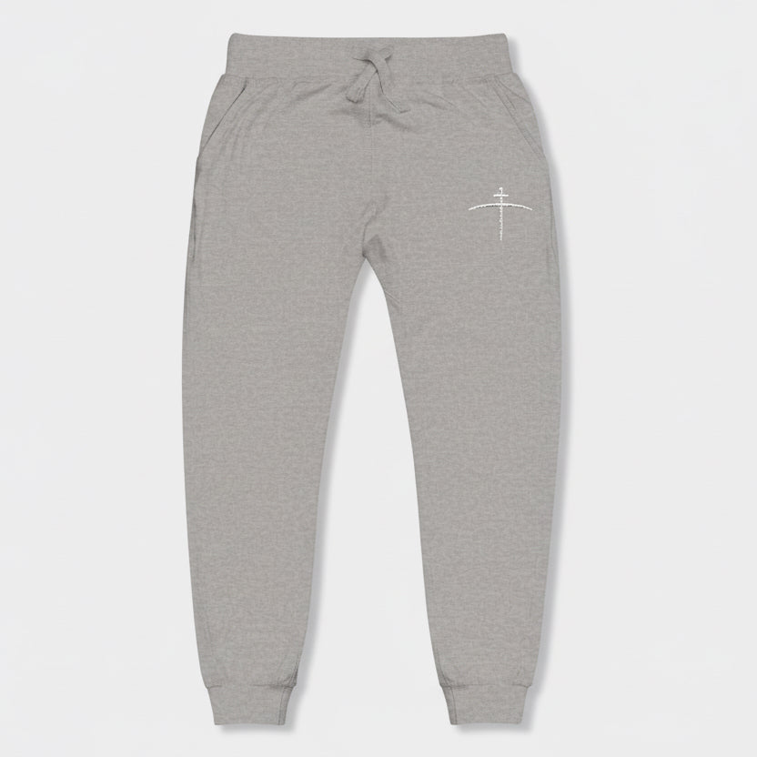 Embroidered Cross on the horizon Sweatpants — Minimalist Faith Fleece Joggers - Broken to Risen