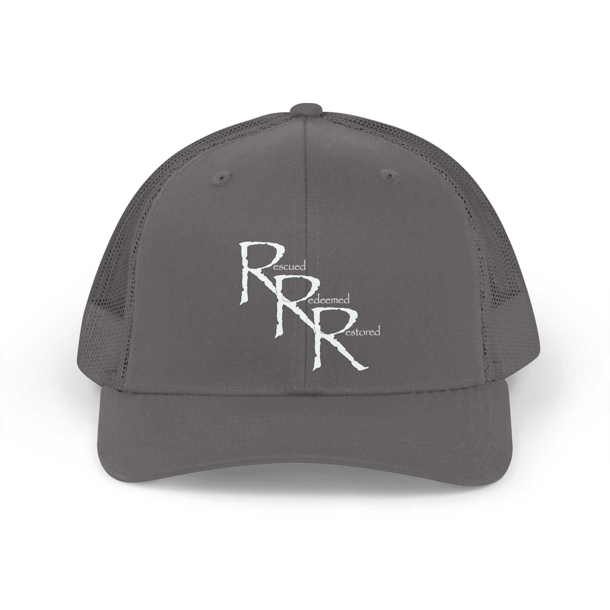 Retro RRR Embroidered Trucker Hat — Vintage Distressed Logo Cap (Charcoal) - Broken to Risen