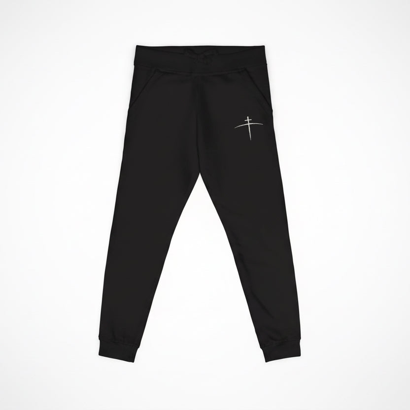 Embroidered Cross on the horizon Sweatpants — Minimalist Faith Fleece Joggers - Broken to Risen