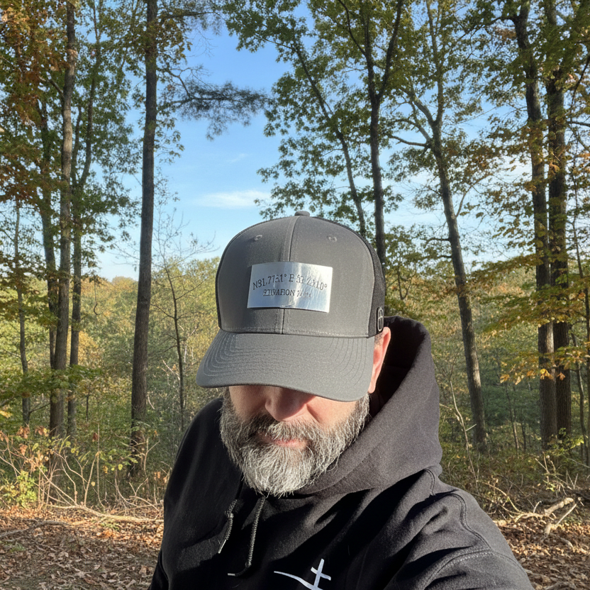 Golgotha Coordinates Hat | Acrylic Patch | Waterproof 6 Panel | Black/Black - Broken to Risen