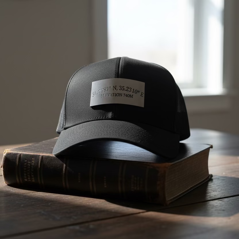 Golgotha Coordinates Hat | Acrylic Patch | Waterproof 6 Panel | Black/Black - Broken to Risen