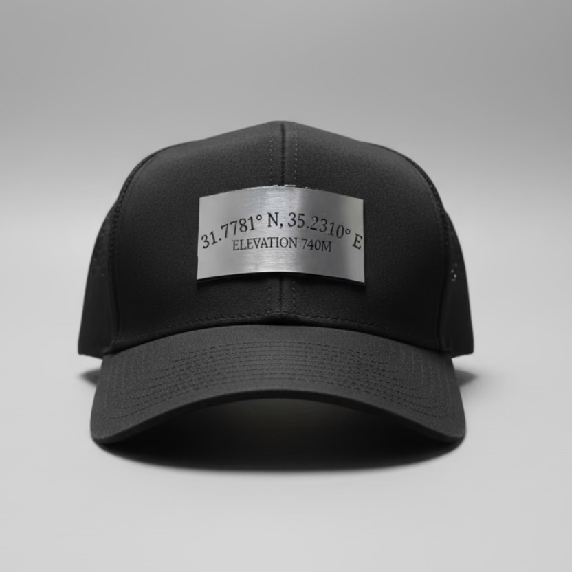 Golgotha Coordinates Hat | Acrylic Patch | Waterproof 6 Panel | Black/Black - Broken to Risen